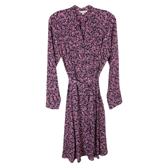 Nanette Lepore Size 6 Dress Pink Black Floral Knee Length Tie Waist Pintuck 1361 - Picture 1 of 9